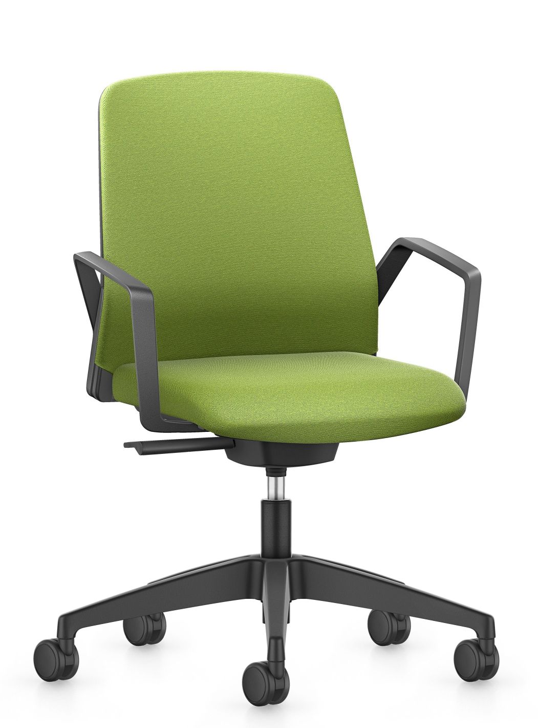 Grüner Buddy Bürodrehstuhl von Interstuhl mit Polsterrücken und schwarzen Armlehnen, ergonomischer Bürostuhl für das Büro.